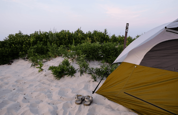 Dark Orange and tan tent pitched on the beach.